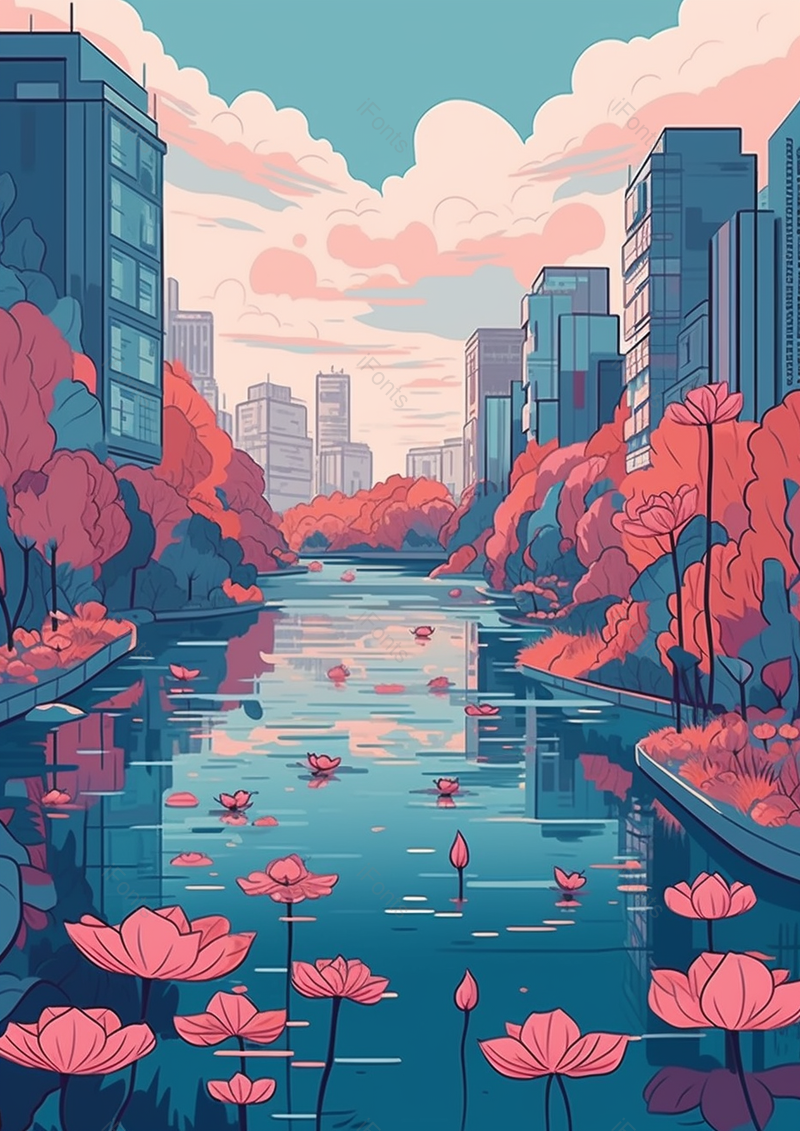 池塘荷花建筑手绘风景,插画/手绘图,插画/手绘图库,插画/手绘图下载,插画/手绘